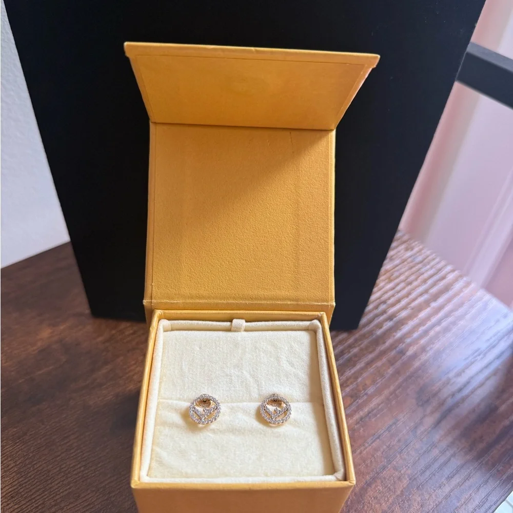 ✨SOLD✨F is Fendi Gold Rhinestone Studs - Picture 4 of 12